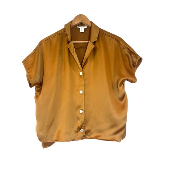 Rachel Zoe Copper Brown Satin Blouse Button Front Short Sleeves XL - Picture 3 of 7